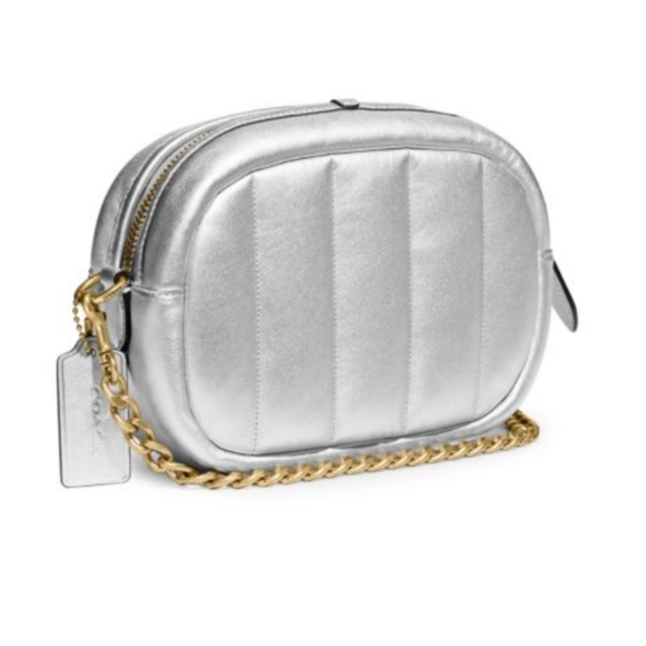 Coach Camera Crossbody Bag Silver Quilted Leather with Chain Strap - Picture 5 of 12